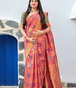   dark peach woven banarasi silk saree with blouse