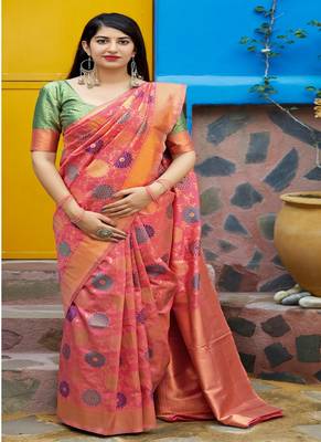   dark peach woven banarasi silk saree with blouse 2