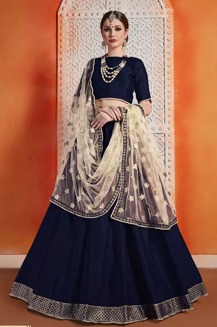 Navy Blue Zari Embroidered Art Silk Semi stitched Party Wear Lehenga
