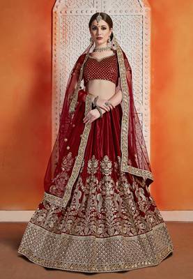 Maroon Sequins Embroidered Velvet Semi stitched floral Lehenga 1