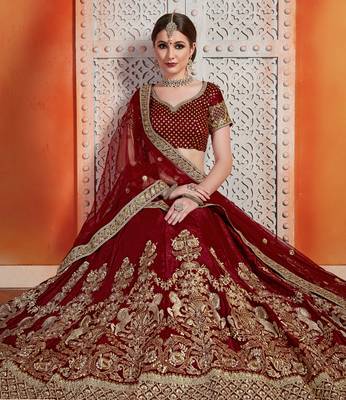 Maroon Sequins Embroidered Velvet Semi stitched floral Lehenga 3