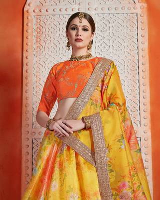 Yellow Sequins Embroidered Organza Semi Stitched Floral Lehenga 2
