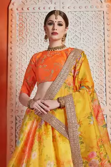Yellow Sequins Embroidered Organza Semi Stitched Floral Lehenga