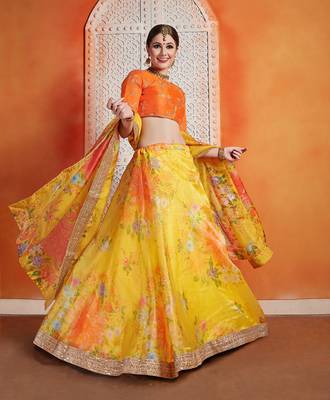 Yellow Sequins Embroidered Organza Semi Stitched Floral Lehenga 3