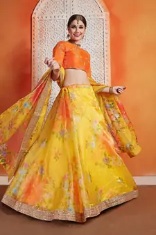 Yellow Sequins Embroidered Organza Semi Stitched Floral Lehenga