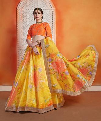 Yellow Sequins Embroidered Organza Semi Stitched Floral Lehenga 4
