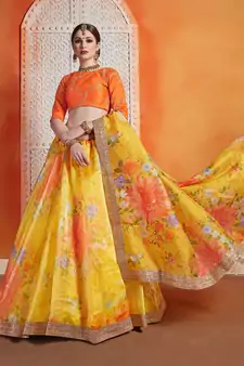 Yellow Sequins Embroidered Organza Semi Stitched Floral Lehenga