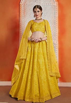 Yellow Sequins Embroidered Art Silk Semi Stitched floral Lehenga 1