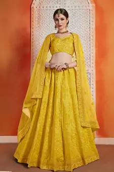 Yellow Sequins Embroidered Art Silk Semi Stitched floral Lehenga