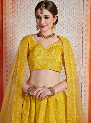Yellow Sequins Embroidered Art Silk Semi Stitched floral Lehenga 2