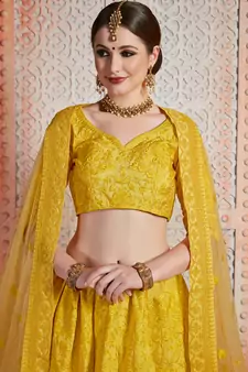 Yellow Sequins Embroidered Art Silk Semi Stitched floral Lehenga