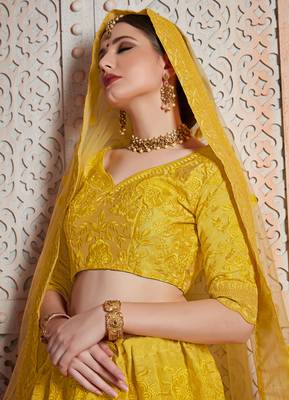Yellow Sequins Embroidered Art Silk Semi Stitched floral Lehenga 3