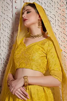Yellow Sequins Embroidered Art Silk Semi Stitched floral Lehenga