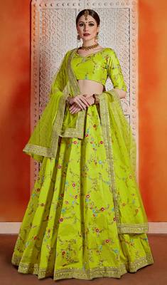Green Embroidered Art Silk Semi stitched floral Lehenga 1