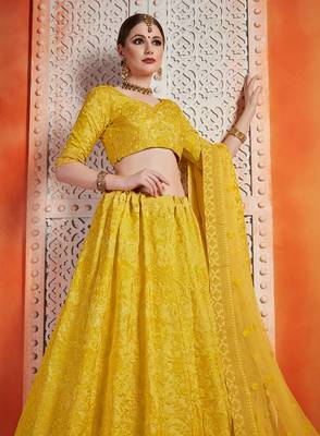 Yellow Sequins Embroidered Art Silk Semi Stitched floral Lehenga 4