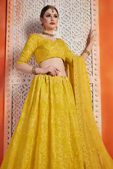 Yellow Sequins Embroidered Art Silk Semi Stitched floral Lehenga