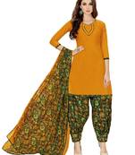 Mustard Printed Crepe Salwar With Dupatta Unstitched