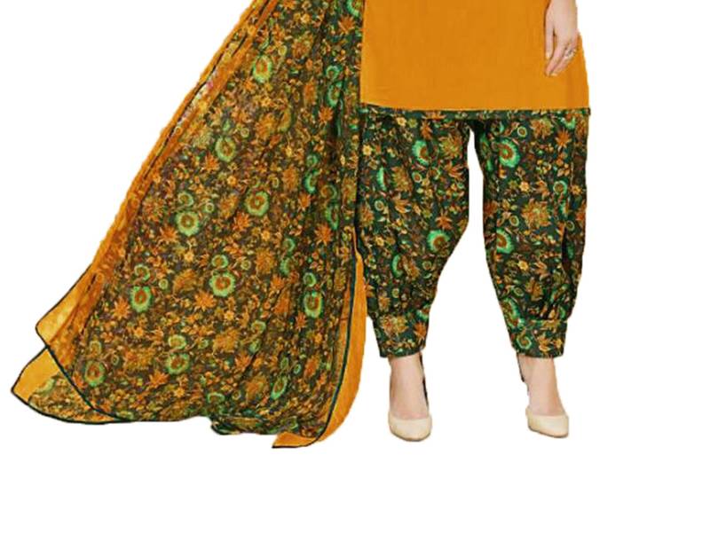 Mustard Printed Crepe Salwar With Dupatta Unstitched