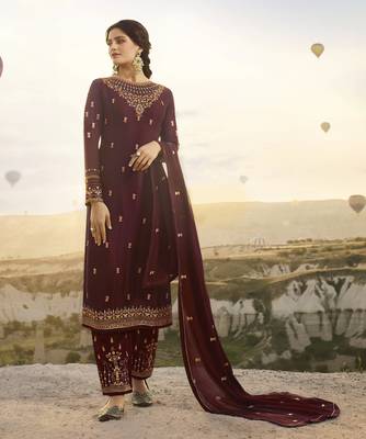 Wine Embroidered Georgette Salwar 1
