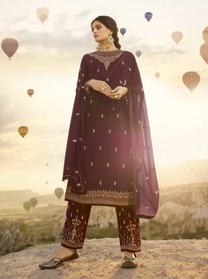 Wine Embroidered Georgette Salwar 2