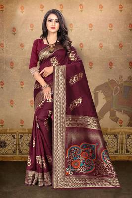 Maroon woven art silk saree with blouse 1
