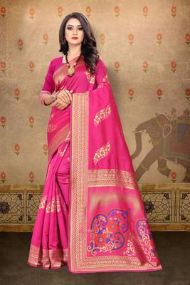 Rani pink woven art silk saree with blouse 1
