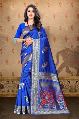 Royal blue woven art silk saree with blouse 1