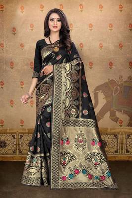 Black woven art silk saree with blouse 1