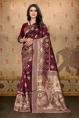 Maroon woven art silk saree with blouse 1