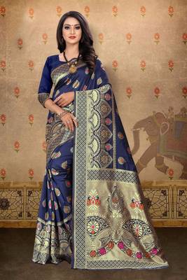 Navy blue woven art silk saree with blouse 1