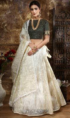 Off White Thread And Sequins Embroidered Organza Bridal Lehenga 1