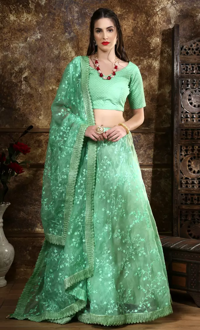 Green Embroidered Organza Bridal Lehenga