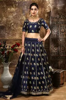 Navy Blue Embroidered Silk Bridal Lehenga