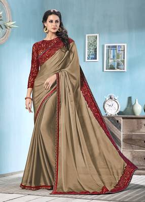 Beige embroidered chiffon saree with blouse 1