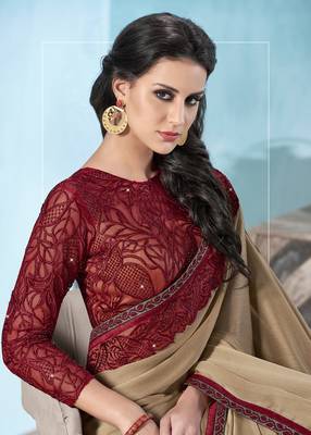 Beige embroidered chiffon saree with blouse 2