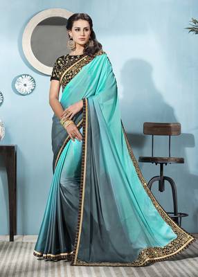 Light blue embroidered silk saree with blouse 1