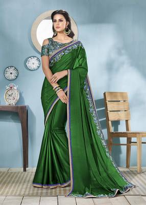 Dark Green Embroidered Silk Saree With Blouse 1