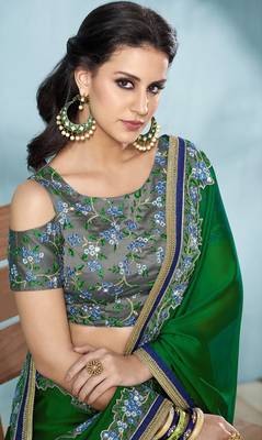 Dark Green Embroidered Silk Saree With Blouse 2