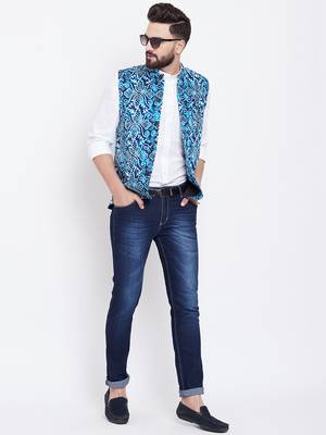 Blue woven viscose rayon nehru-jacket 1