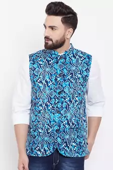 Blue woven viscose rayon nehru-jacket