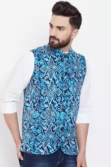 Blue woven viscose rayon nehru-jacket