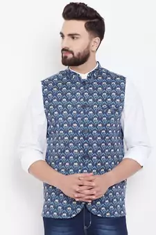 Blue woven viscose rayon nehru-jacket