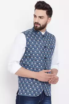 Blue woven viscose rayon nehru-jacket