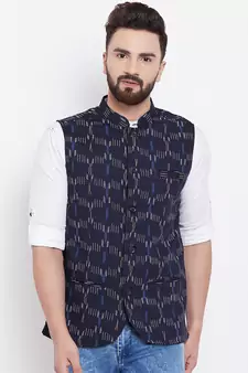 Blue woven viscose rayon nehru-jacket