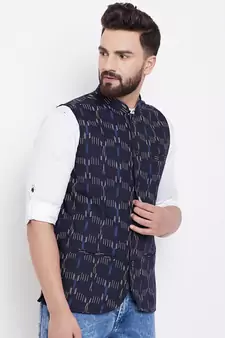 Blue woven viscose rayon nehru-jacket