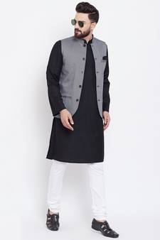 Grey Woven Poly Cotton Nehru Jacket