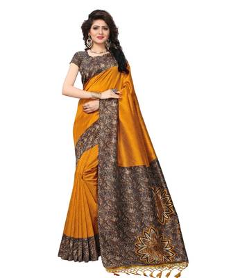 Mustard printed art silk saree with blouse 1