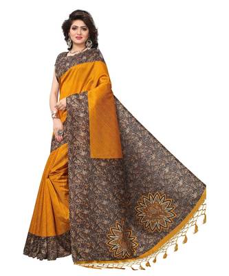 Mustard printed art silk saree with blouse 2