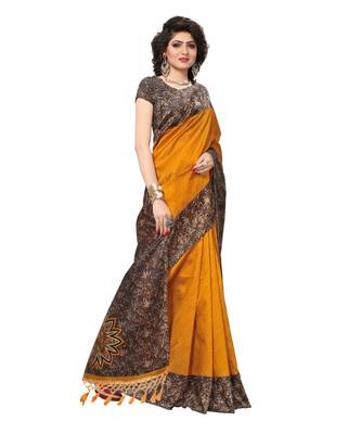 Mustard printed art silk saree with blouse 3