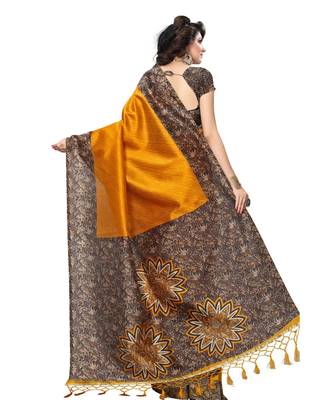 Mustard printed art silk saree with blouse 4